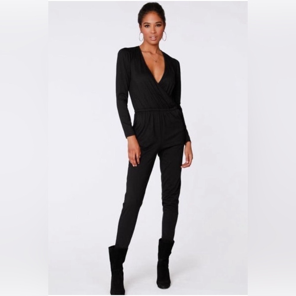 BOBI Revolve Women’s Black Drape Front Size Med Modal Surplice Jumpsuit - Picture 2 of 11